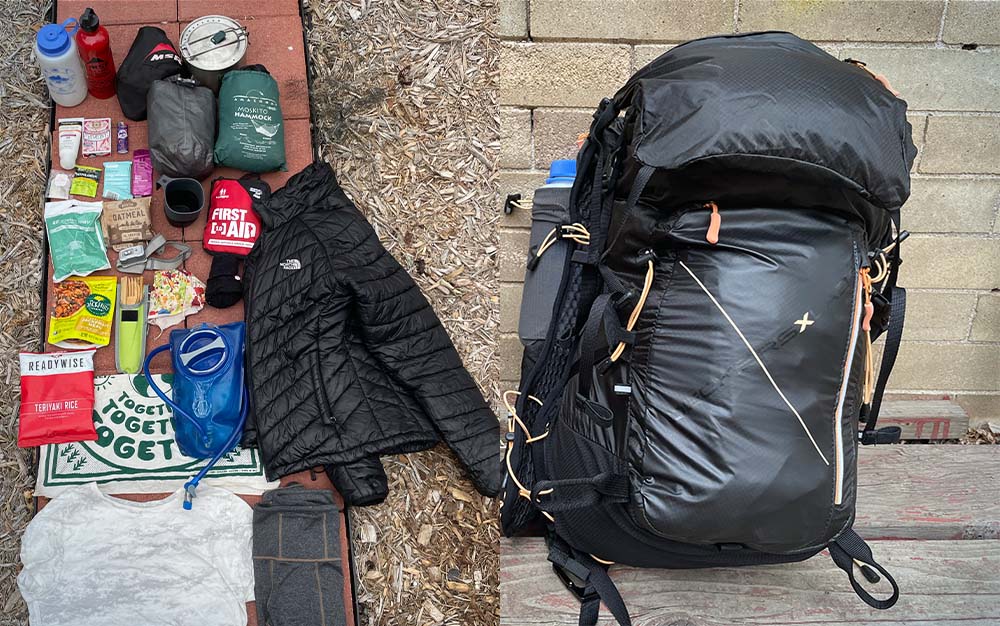二联画。左边是一堆背包装备。右边是一个黑色背包，里面装着左边的所有装备。
