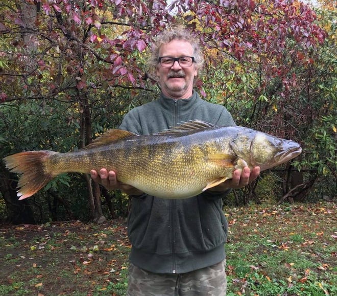 垂钓者理查德·尼科尔森在宾夕法尼亚州他家附近的尤伊奥根尼河上捕获了这条巨大的白眼鱼