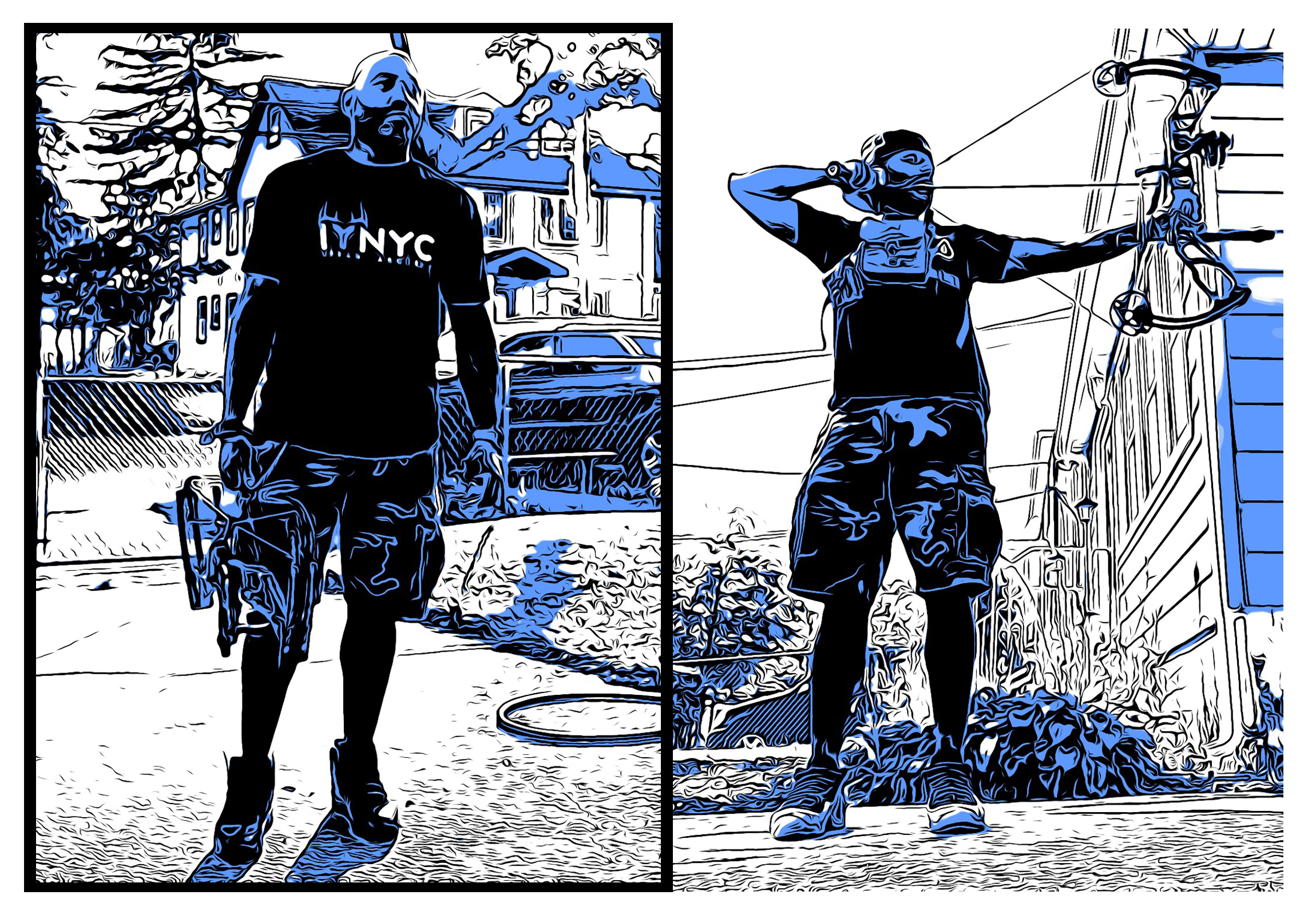 蓝、黑、白三色的纽约弓箭猎人插图。