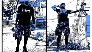 蓝、黑、白三色的纽约弓箭猎人插图。