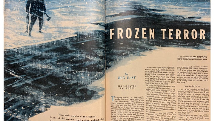 冰渔夫在1951年1月户外生活故事，冷冻恐怖的观看冰块。manbetx米兰